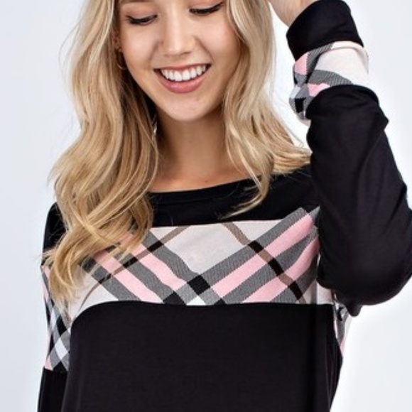 NWT  Long Sleeve Top w/Plaid Detail - Picture 2 of 3
